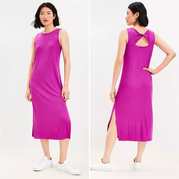 NWT LOFT Twist Cutout Back Midi Dress Purple Pink Size Medium Ribbed‎ Stretch - Picture 1 of 16
